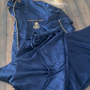 Ralph Lauren Midnight Blue Satin Pajama Set with Gold Piping
